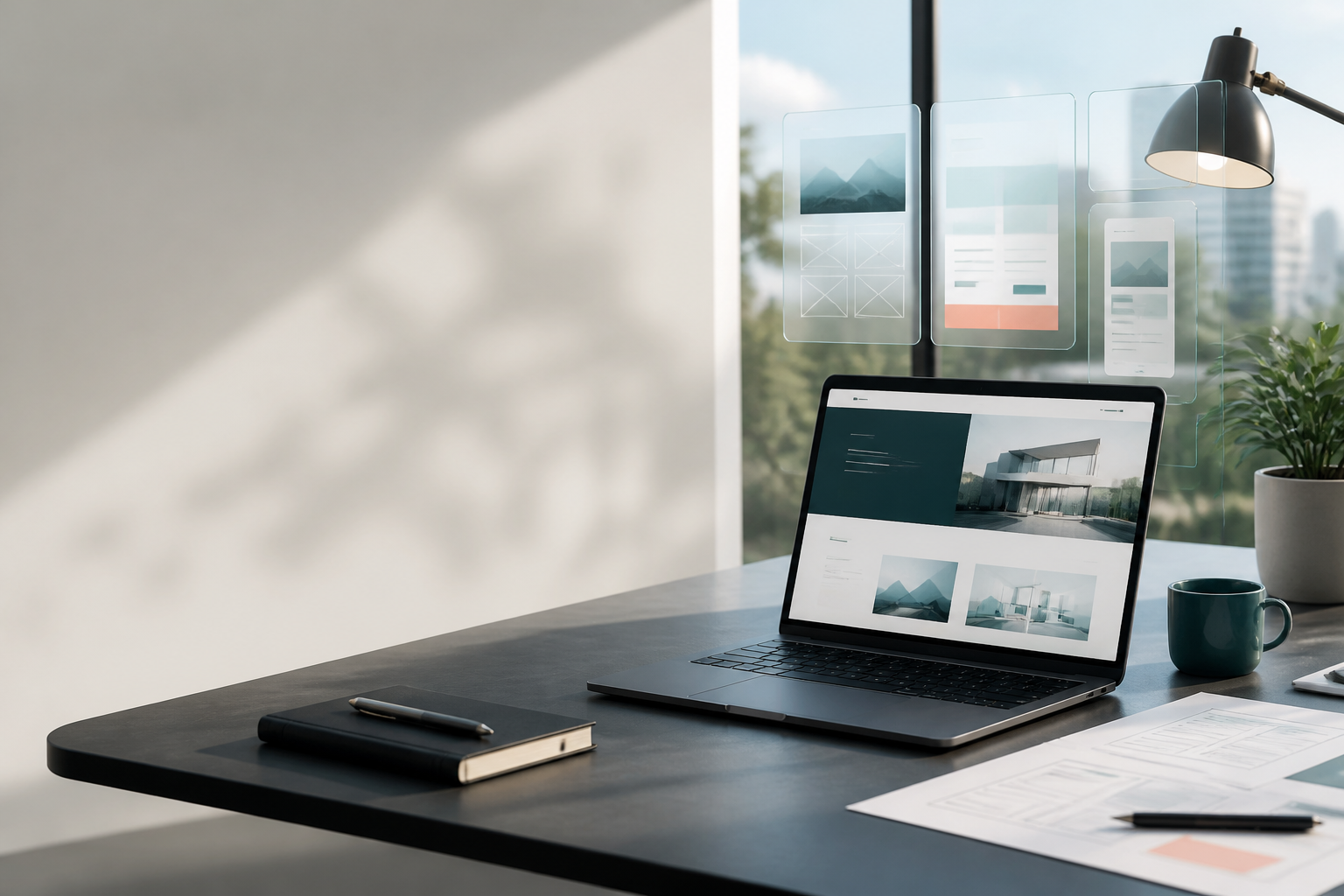 A modern design studio workspace with website layouts on a laptop